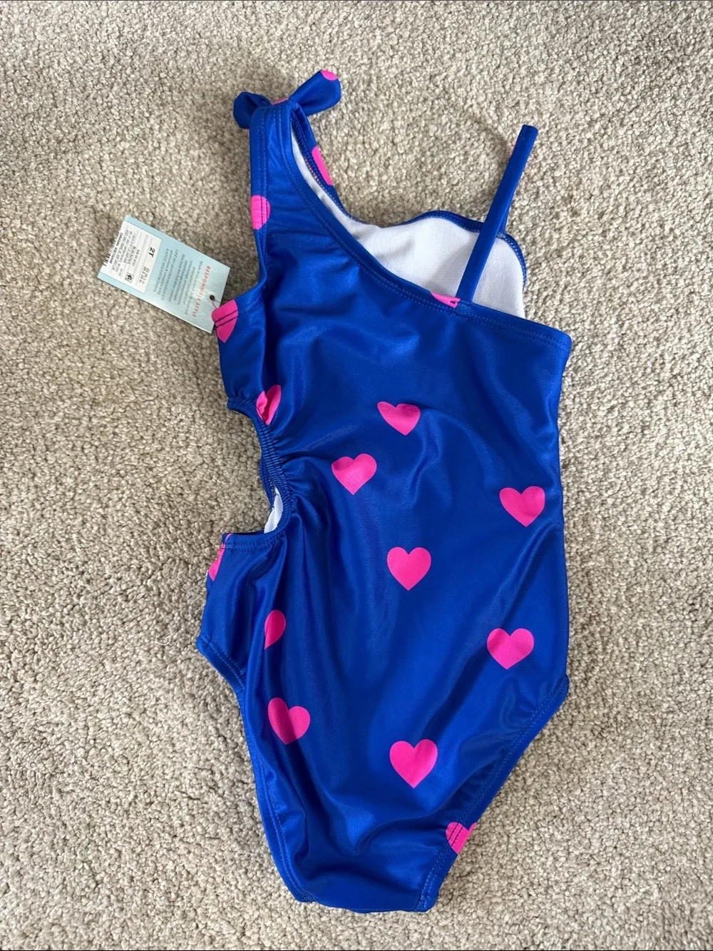 NWT Girls Blue One-Piece Cutout Swimsuit with Pink Heart Print 2T